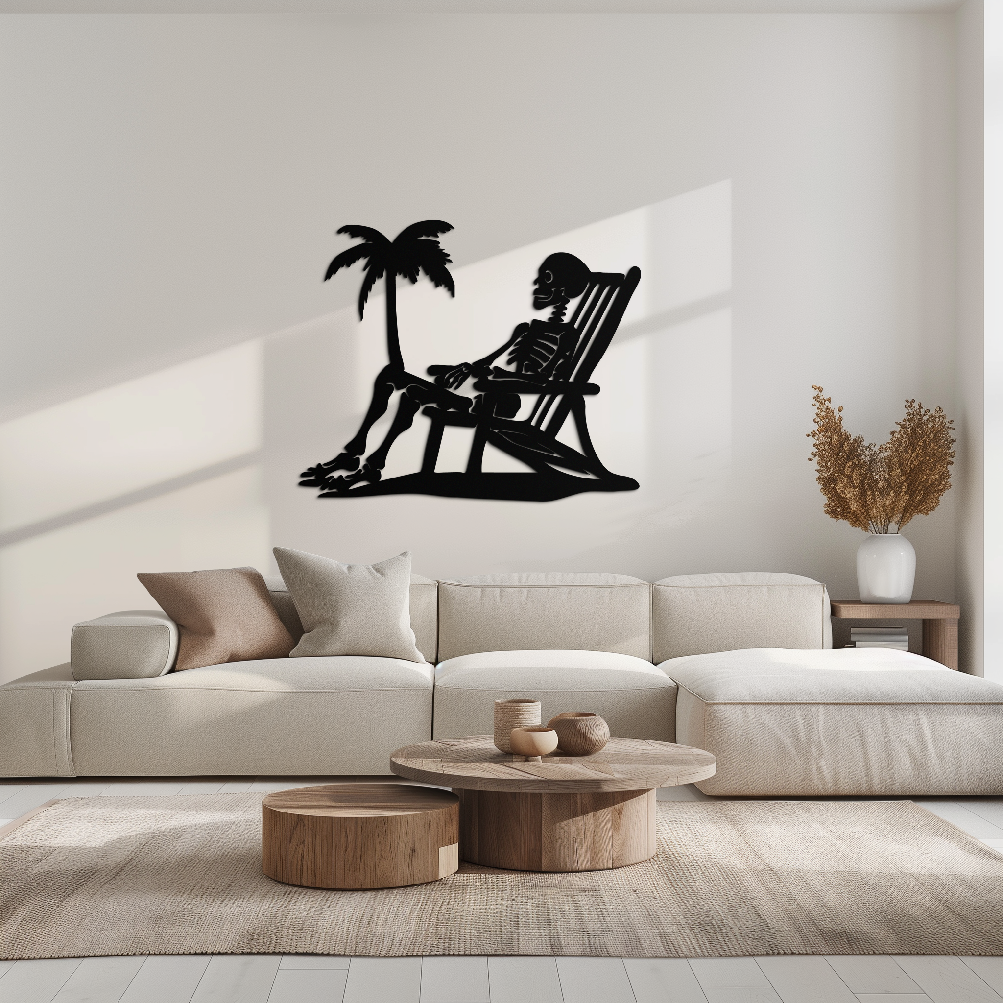 Sunbathing Skeleton Metal Wall Art – Tropical Palm Tree Beach Decor- KAF706