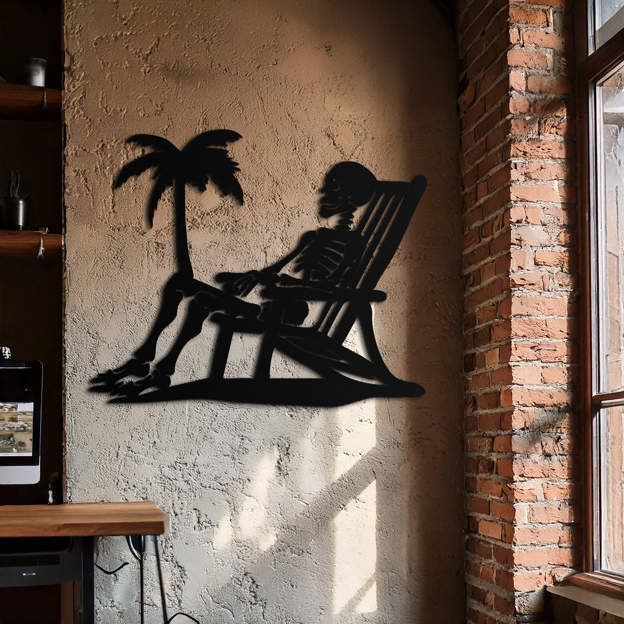Sunbathing Skeleton Metal Wall Art – Tropical Palm Tree Beach Decor- KAF706