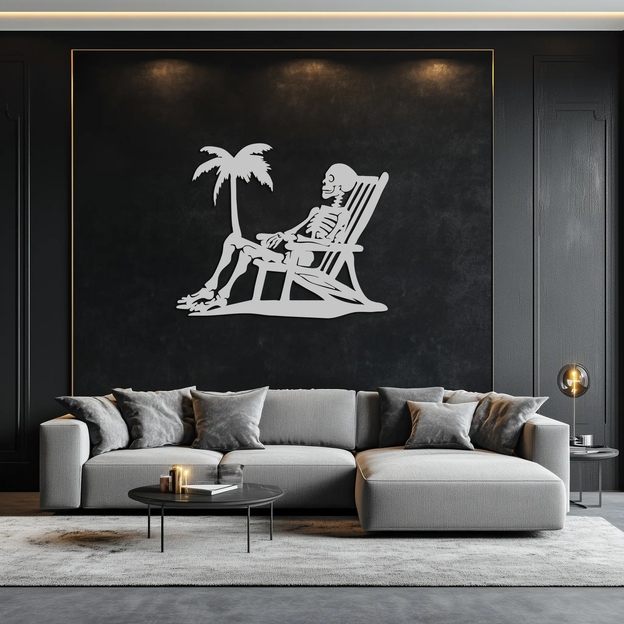 Sunbathing Skeleton Metal Wall Art – Tropical Palm Tree Beach Decor- KAF706