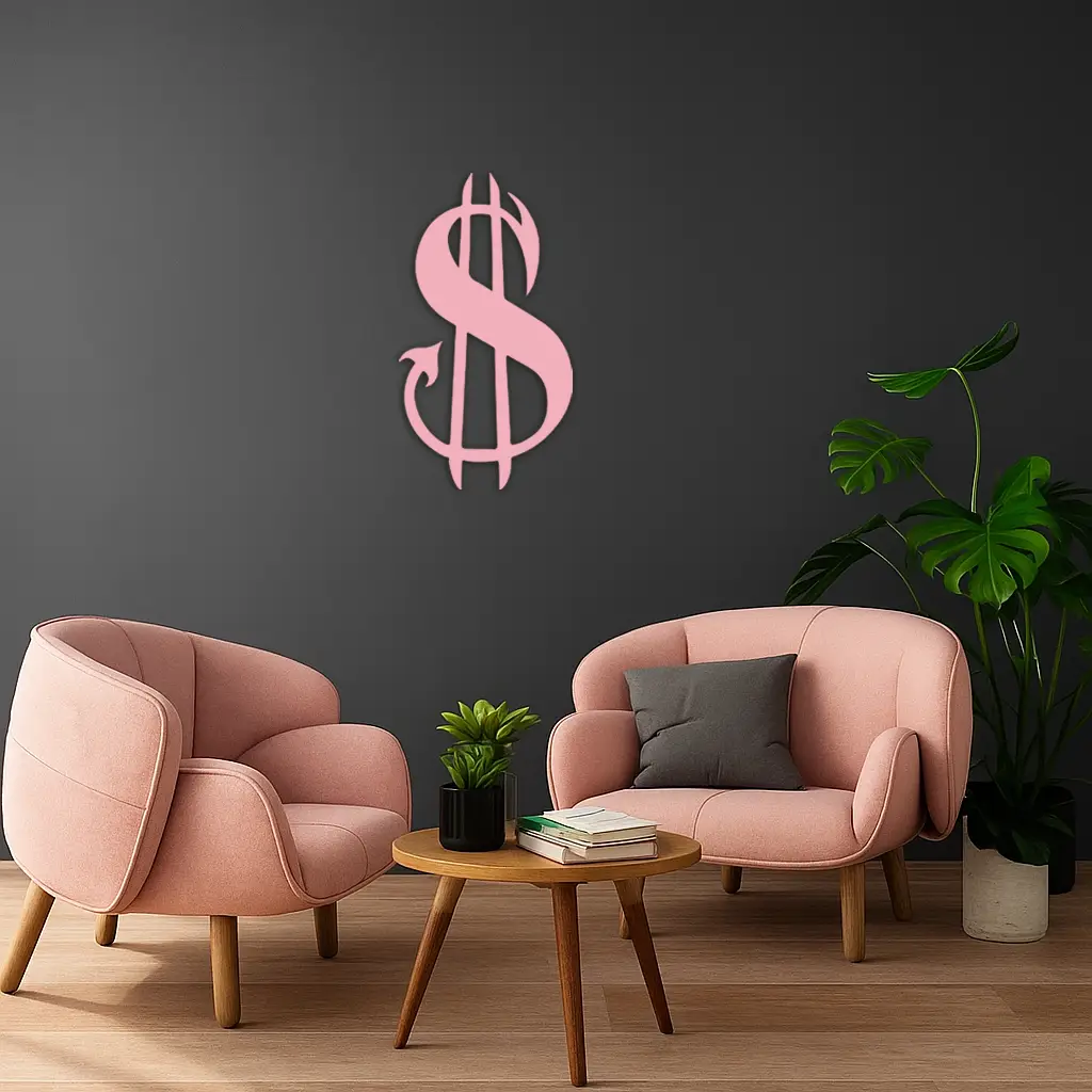 Pink Devil Dollar Symbol Metal Wall Art – Bold Statement Decor - KAFGP001