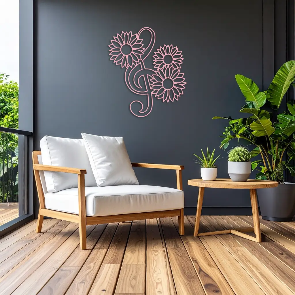 Pink Treble Clef with Sunflowers Metal Wall Art – Musical Floral Decor - KAFGP002