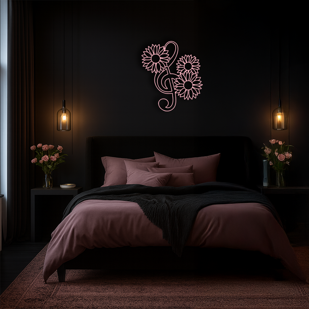 Pink Treble Clef with Sunflowers Metal Wall Art – Musical Floral Decor - KAFGP002