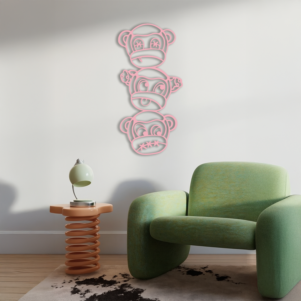 Pink Three Monkeys Metal Wall Art – Playful See No Evil, Hear No Evil, Speak No Evil Design - KAFGP004