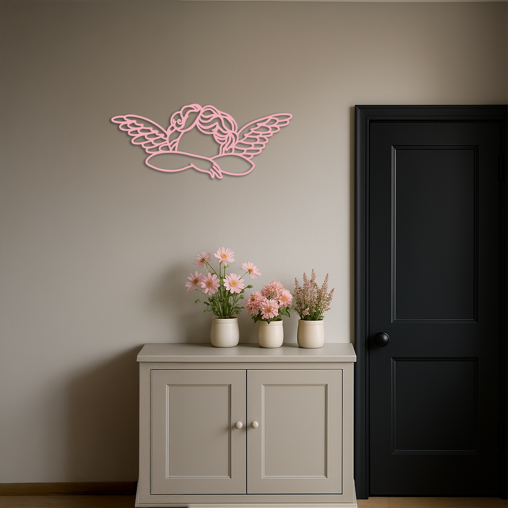 Pink Angel Silhouette Metal Wall Art – Elegant Guardian Wings Design - KAFGP005