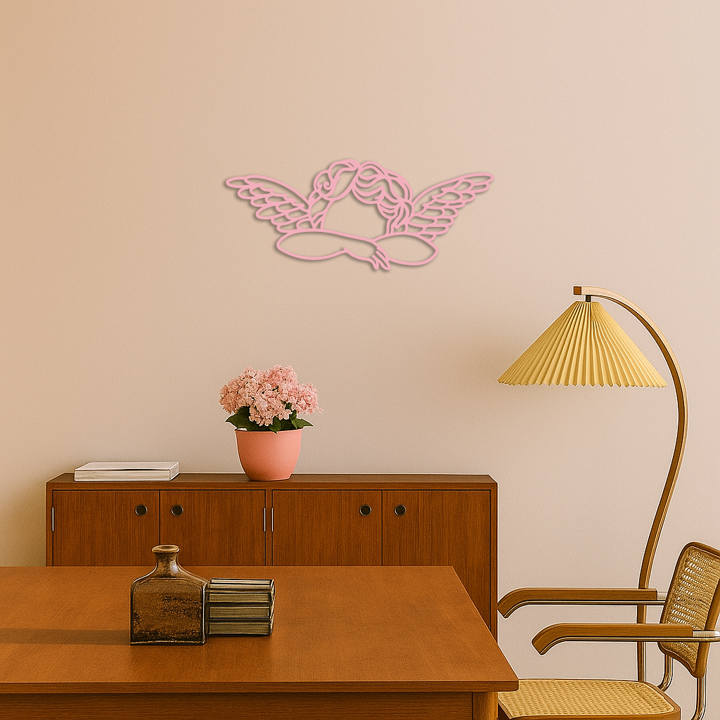 Pink Angel Silhouette Metal Wall Art – Elegant Guardian Wings Design - KAFGP005