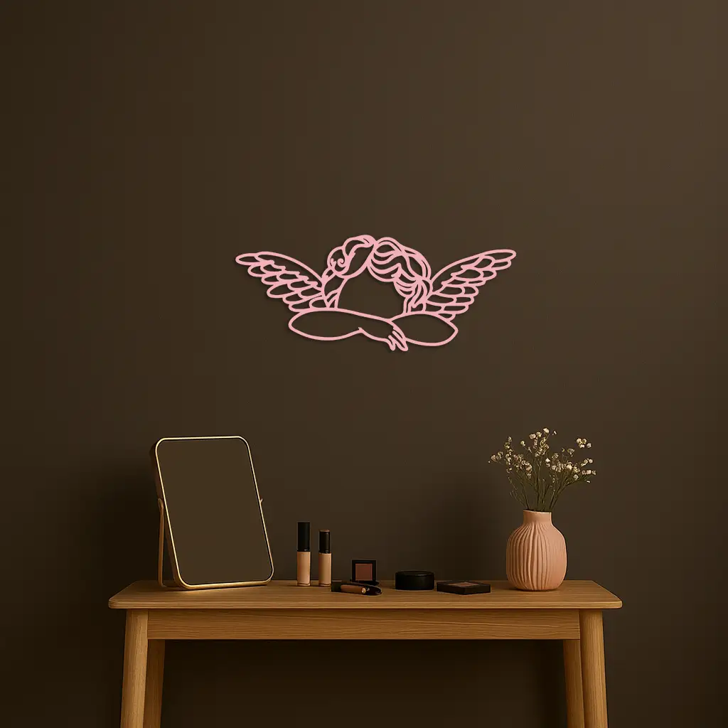 Pink Angel Silhouette Metal Wall Art – Elegant Guardian Wings Design - KAFGP005