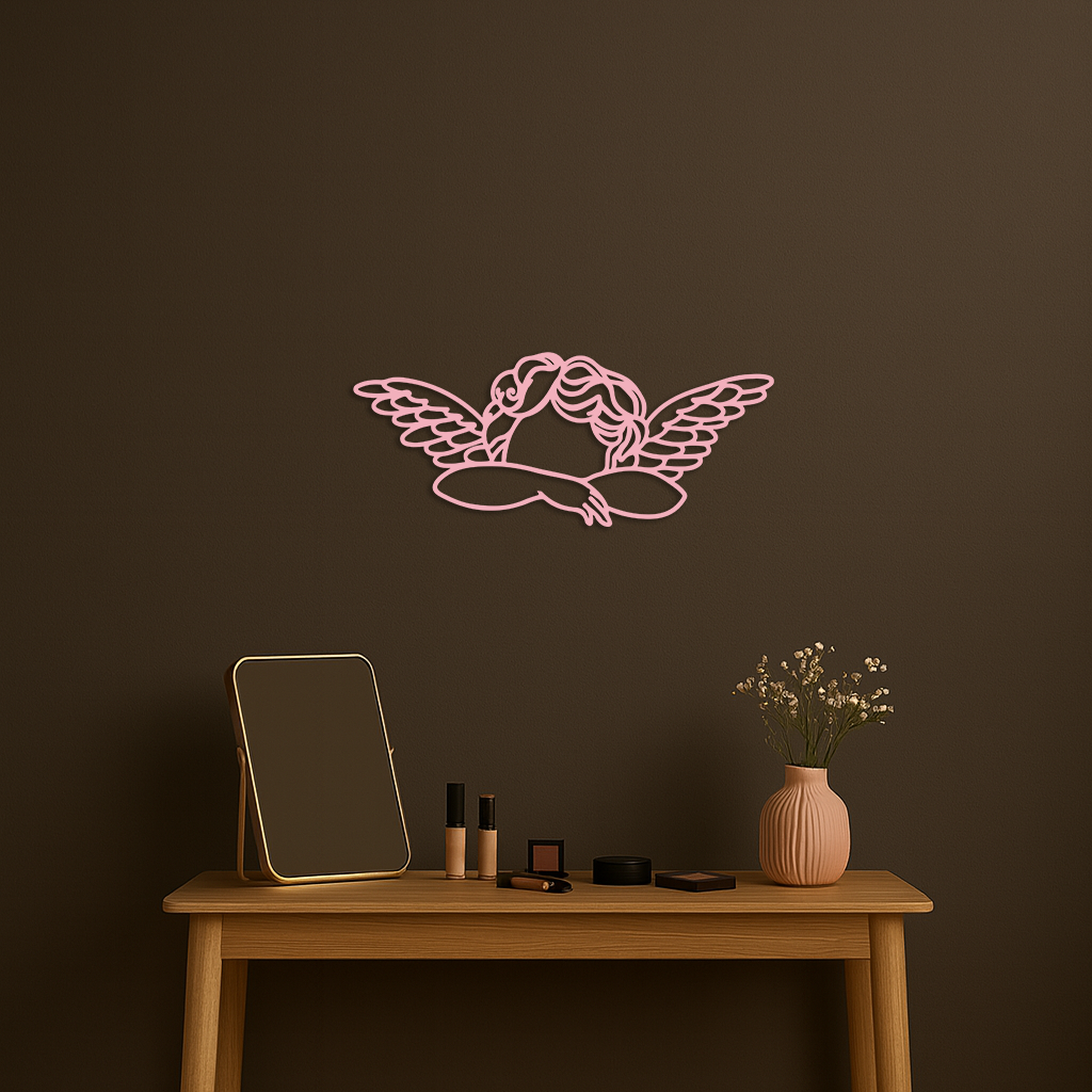 Pink Angel Silhouette Metal Wall Art – Elegant Guardian Wings Design - KAFGP005