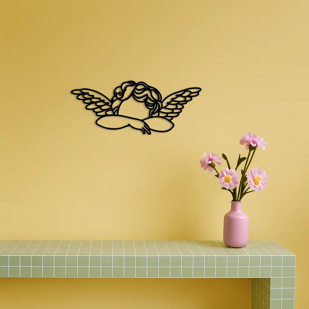 Pink Angel Silhouette Metal Wall Art – Elegant Guardian Wings Design - KAFGP005