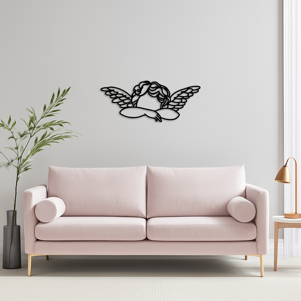 Pink Angel Silhouette Metal Wall Art – Elegant Guardian Wings Design - KAFGP005