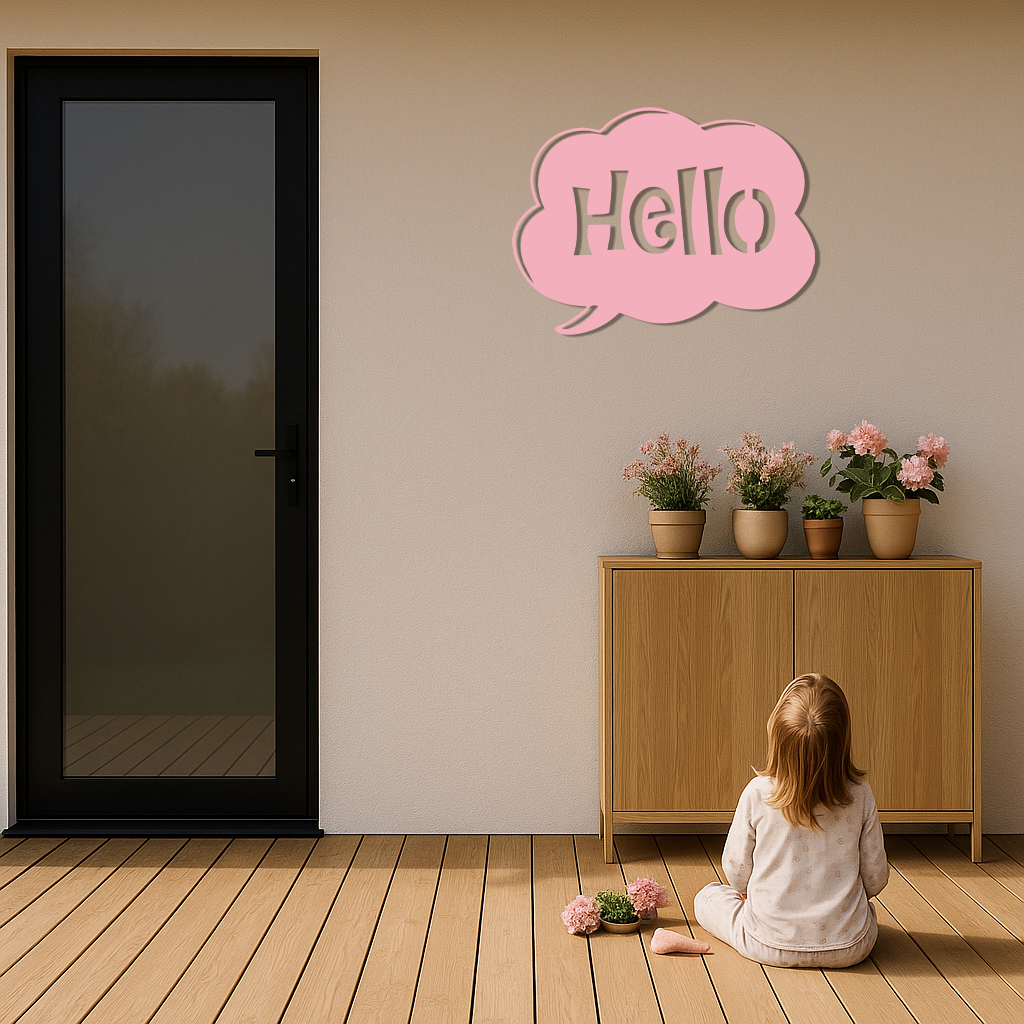 Pink Hello Speech Bubble Metal Wall Art – Playful Greeting Sign - KAFGP011