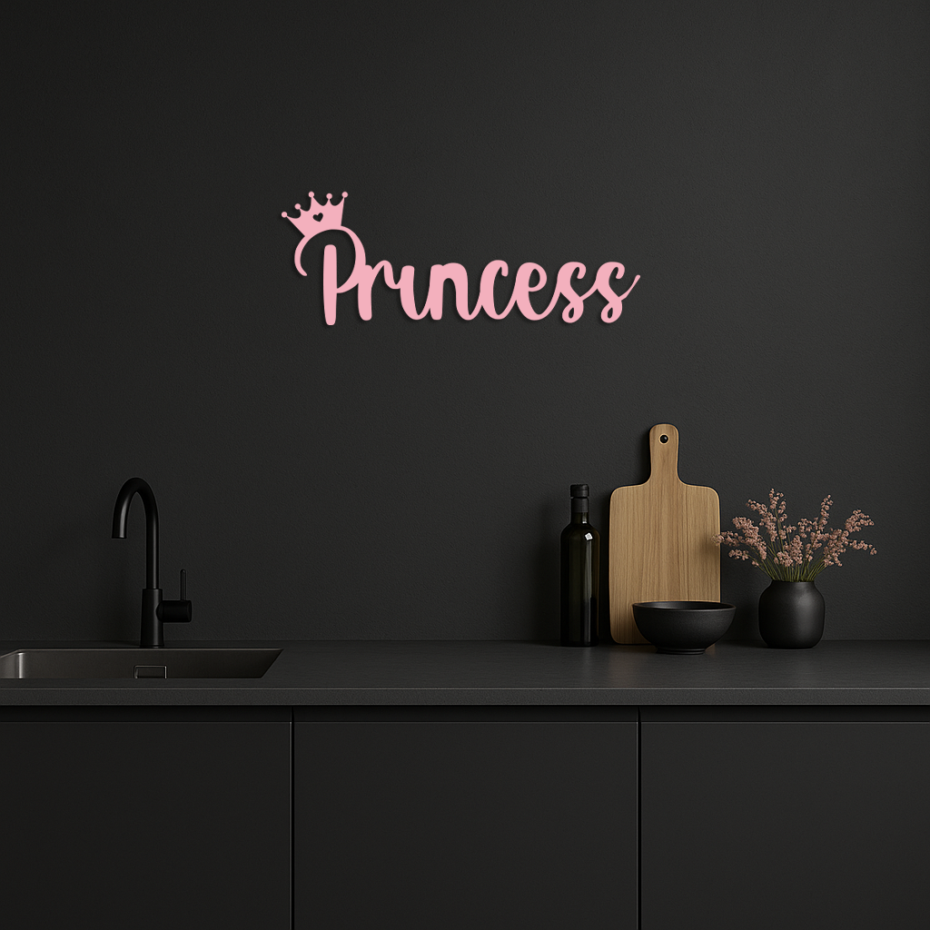 Pink Princess Metal Wall Art – Elegant Typography Silhouette Decor - KAFGP014