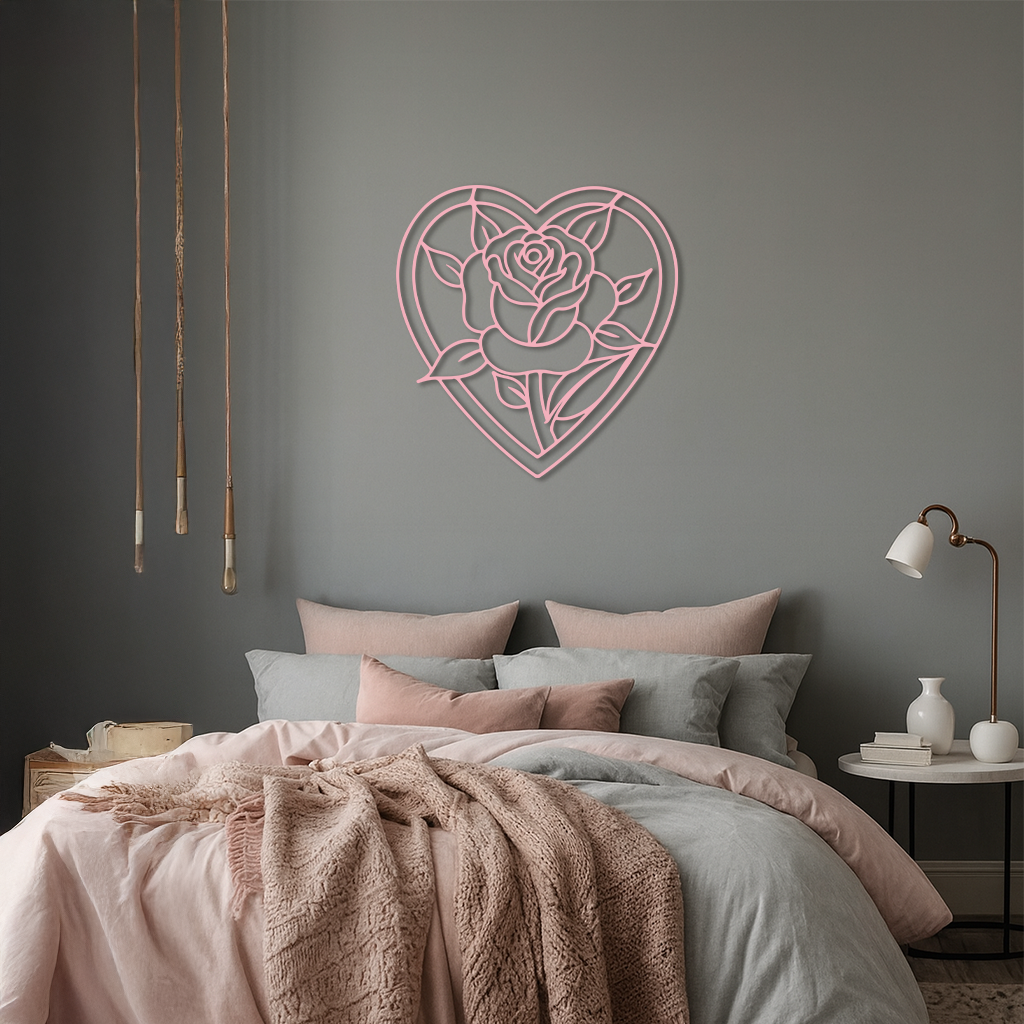 Heart Rose Silhouette Metal Wall Art – Romantic Flower Design - KAFGP034