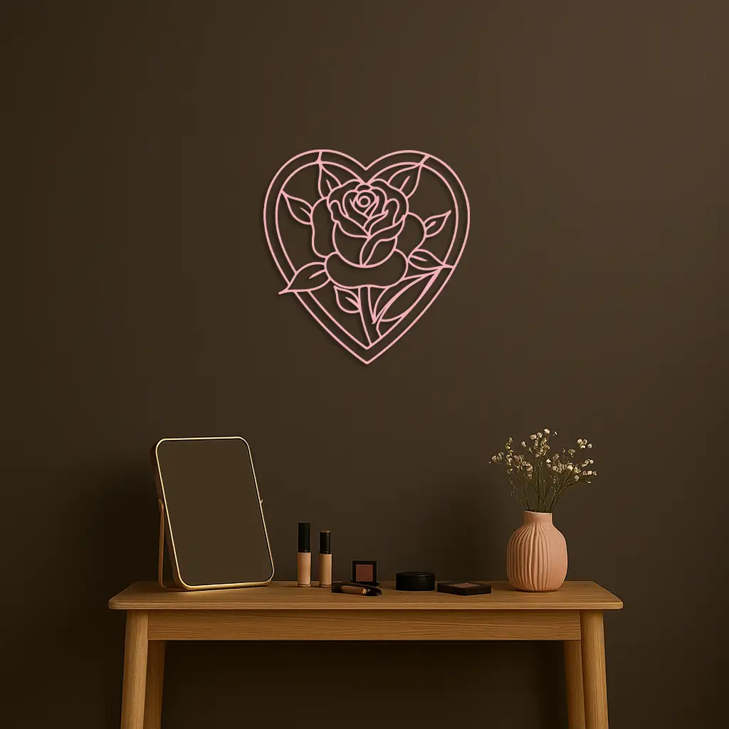 Heart Rose Silhouette Metal Wall Art – Romantic Flower Design - KAFGP034