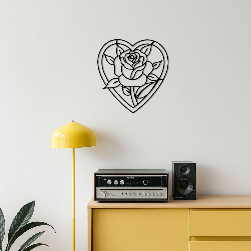 Heart Rose Silhouette Metal Wall Art – Romantic Flower Design - KAFGP034
