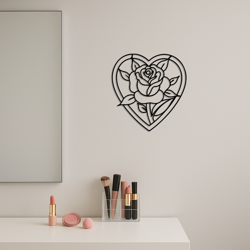 Heart Rose Silhouette Metal Wall Art – Romantic Flower Design - KAFGP034