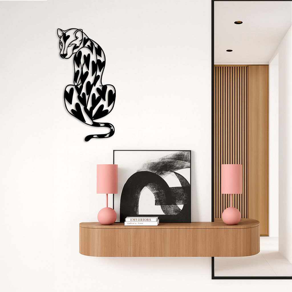 Heart Pattern Leopard Silhouette Metal Wall Art – Modern Animal Design - KAFGP044