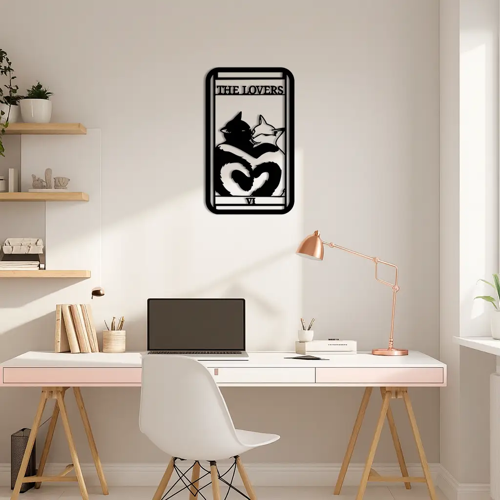 The Lovers Cat Tarot Card Metal Wall Art – Romantic Cat Silhouette Design - KAFGP071