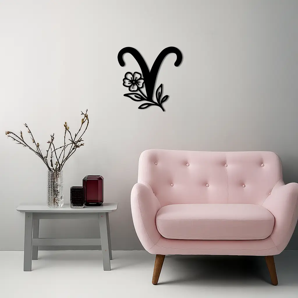 Aries Zodiac Symbol Metal Wall Art – Floral Astrology Home Decor - KAFGP076