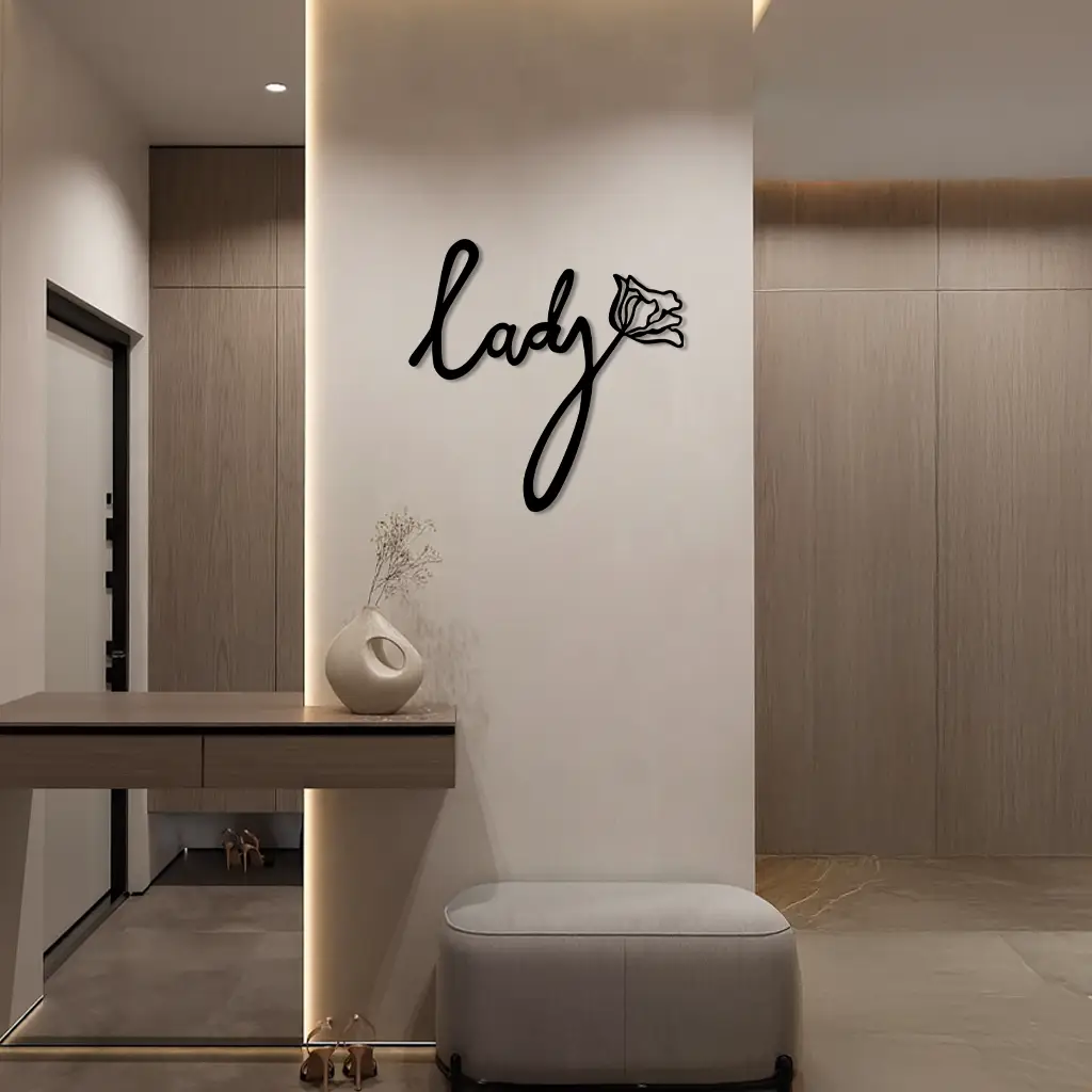 Lady Script Word Metal Wall Art – Elegant Floral Typography Decor - KAFGP096