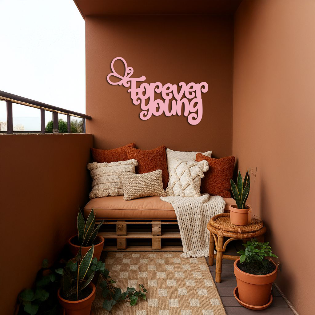 Forever Young Butterfly Script Metal Wall Art – Whimsical Home Decor - KAFGP117