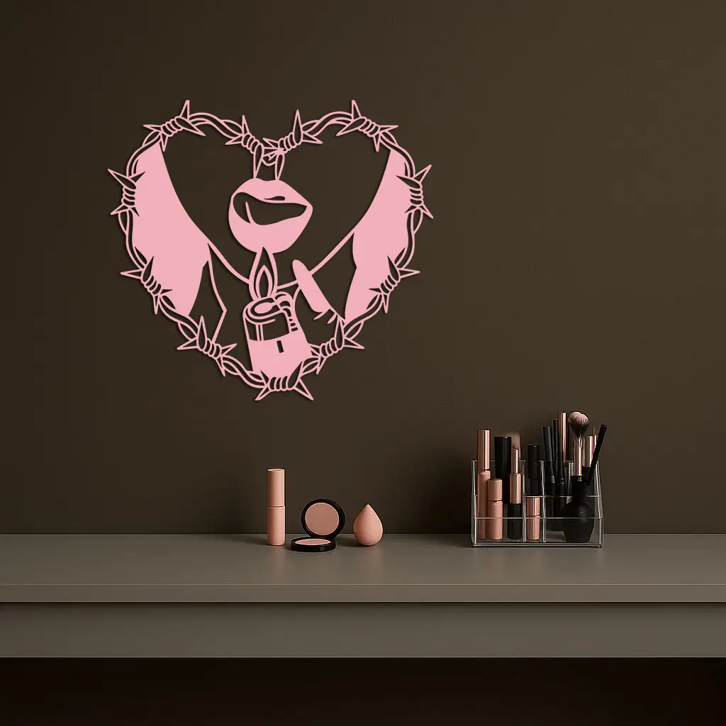 Heart Flame Metal Wall Art – Lips and Lighter Design with Barbed Wire Heart - KAFGP133