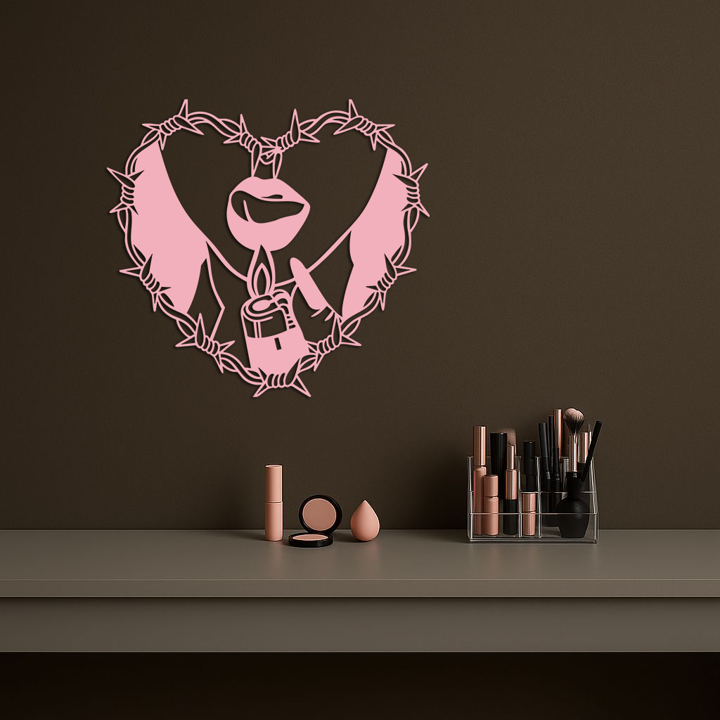 Heart Flame Metal Wall Art – Lips and Lighter Design with Barbed Wire Heart - KAFGP133