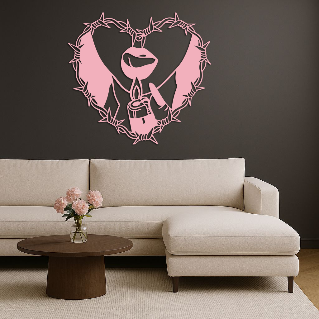 Heart Flame Metal Wall Art – Lips and Lighter Design with Barbed Wire Heart - KAFGP133
