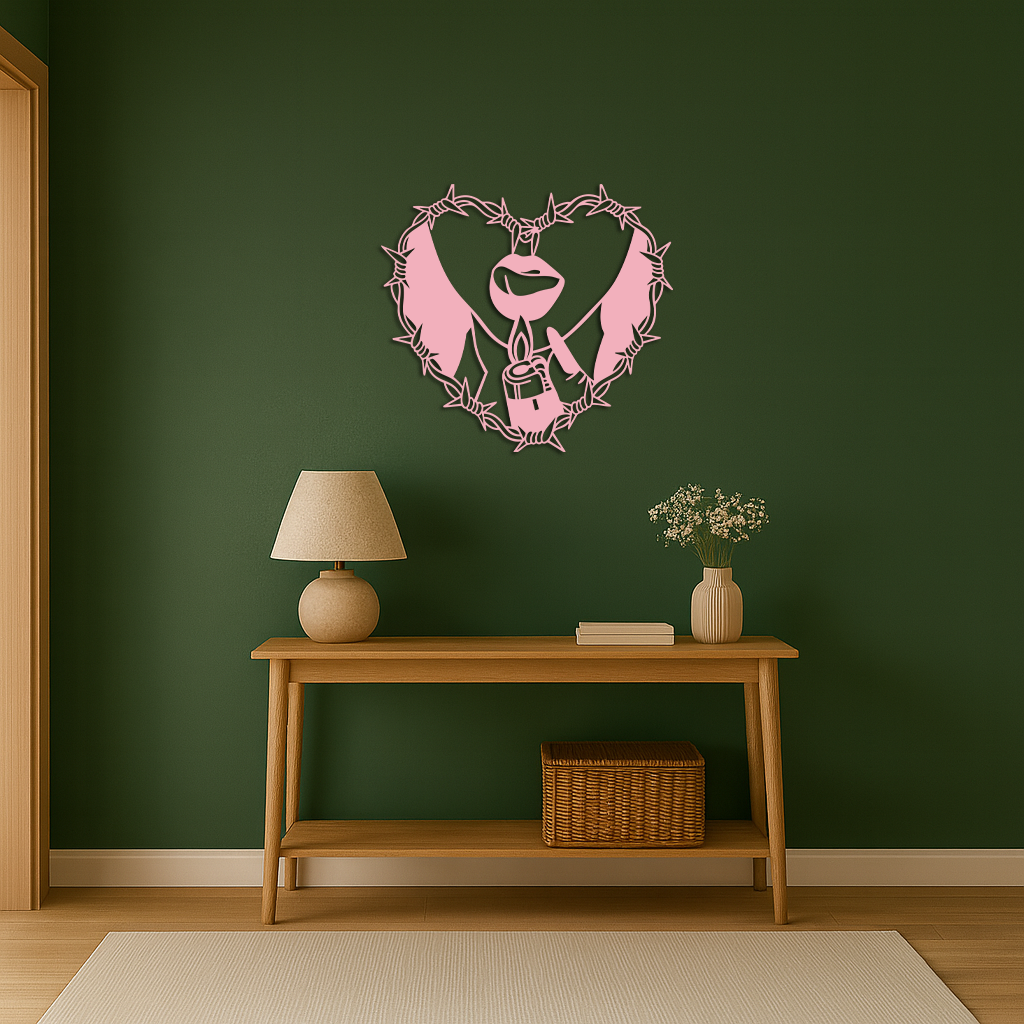 Heart Flame Metal Wall Art – Lips and Lighter Design with Barbed Wire Heart - KAFGP133