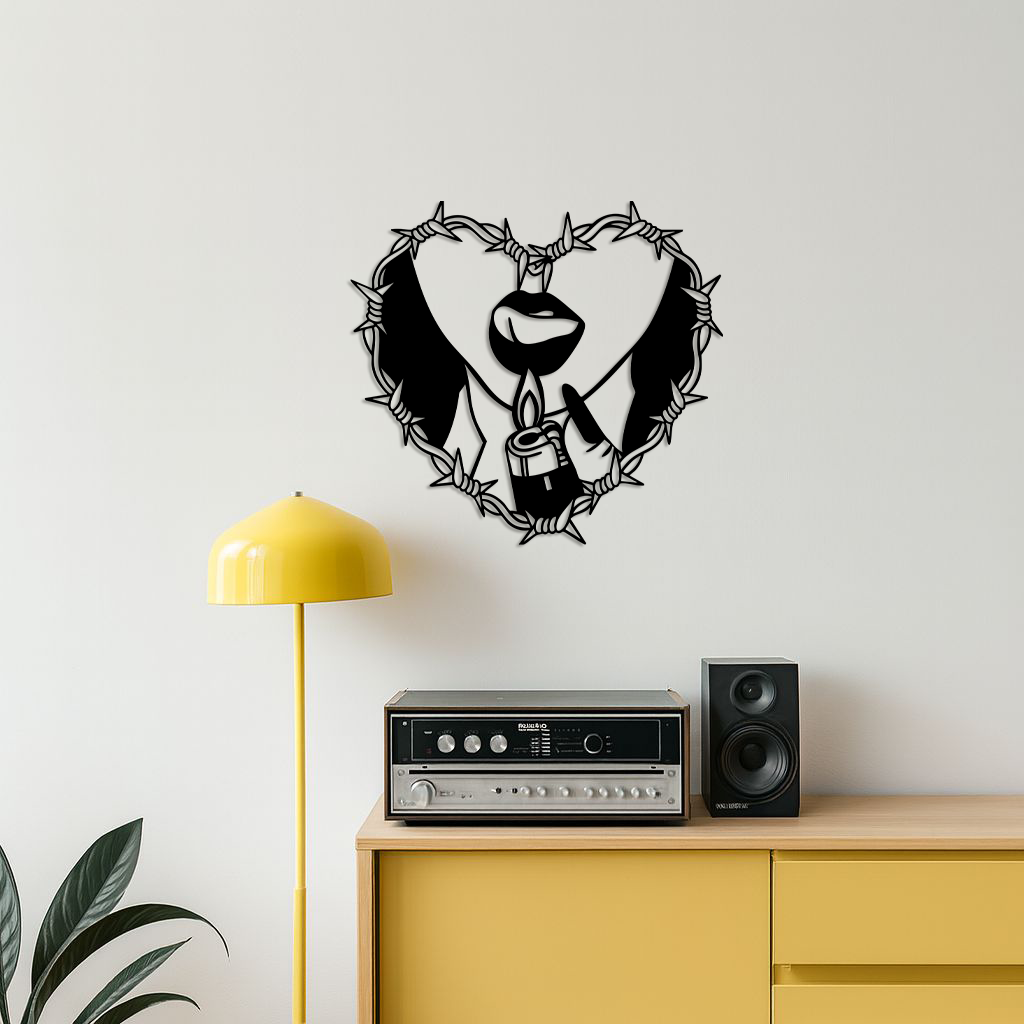 Heart Flame Metal Wall Art – Lips and Lighter Design with Barbed Wire Heart - KAFGP133