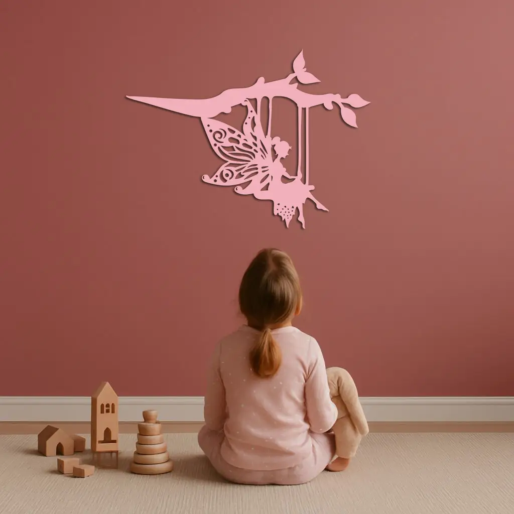Enchanted Fairy on Swing Metal Garden Wall Art – Outdoor Fantasy Decor - KAFGP138