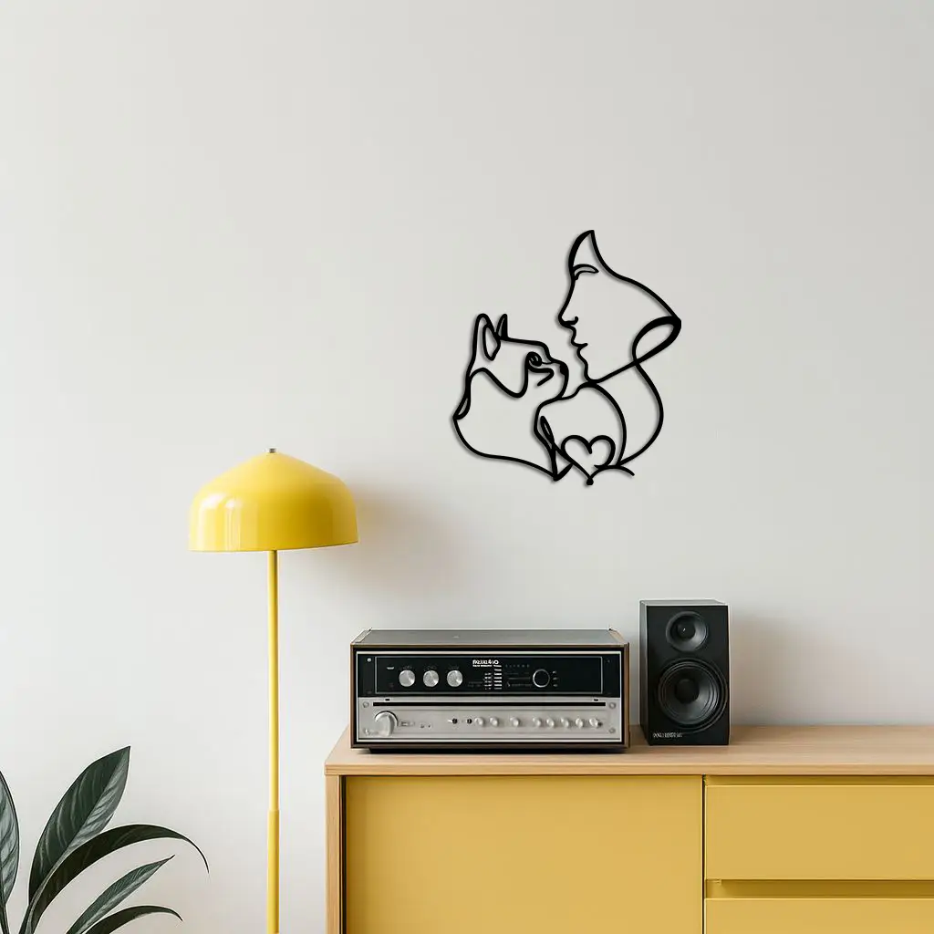 Cat and Woman Silhouette Metal Wall Art – Modern Pet Lover Line Art Decor - KAFGP146