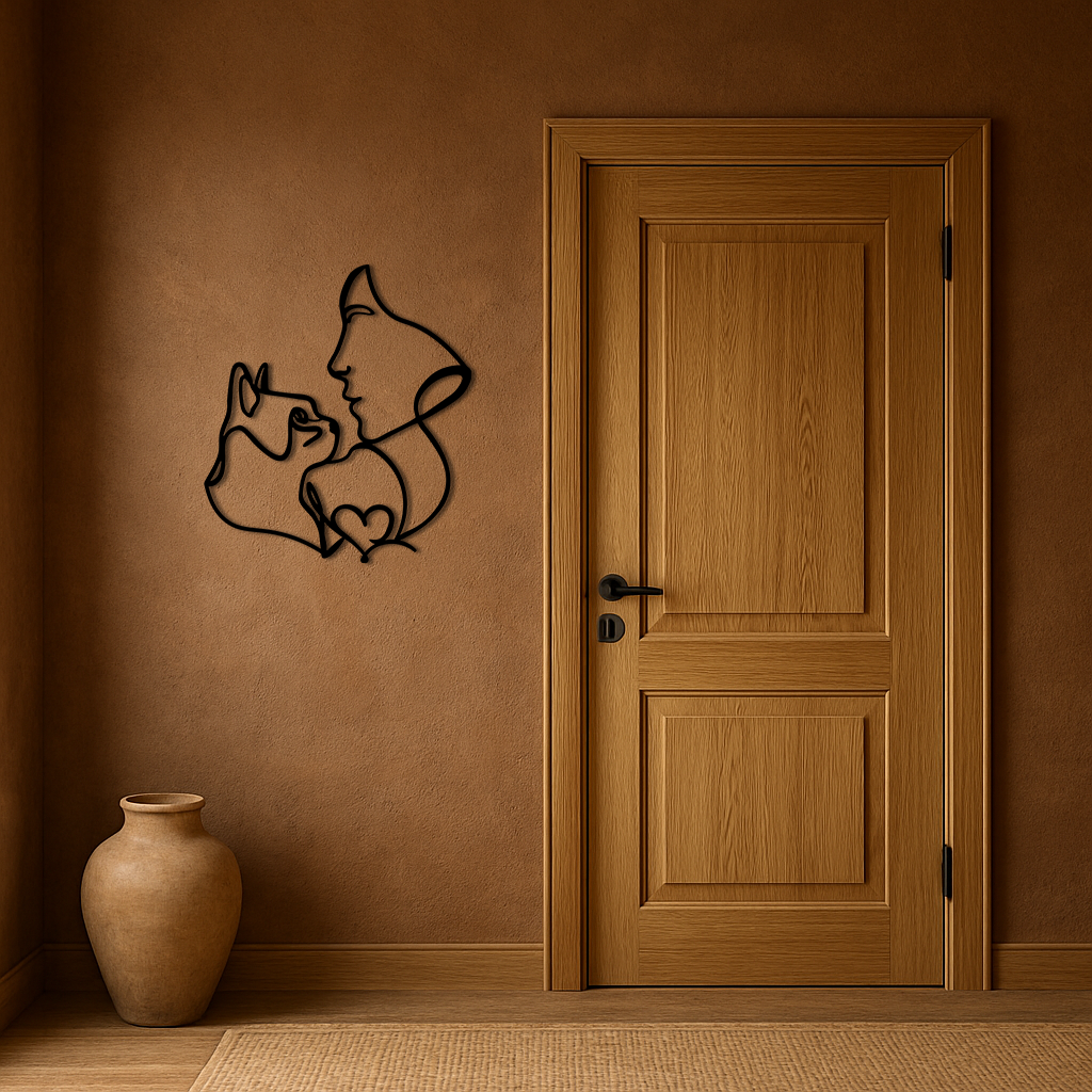 Cat and Woman Silhouette Metal Wall Art – Modern Pet Lover Line Art Decor - KAFGP146