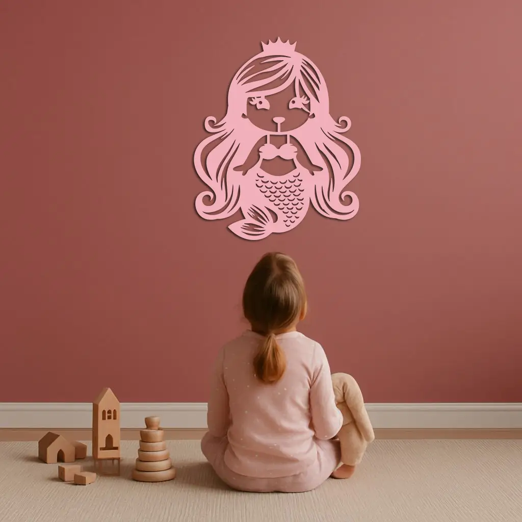 Pink Mermaid Silhouette Metal Wall Art – Cute Ocean Fantasy Wall Decor for Girls - KAFGP152