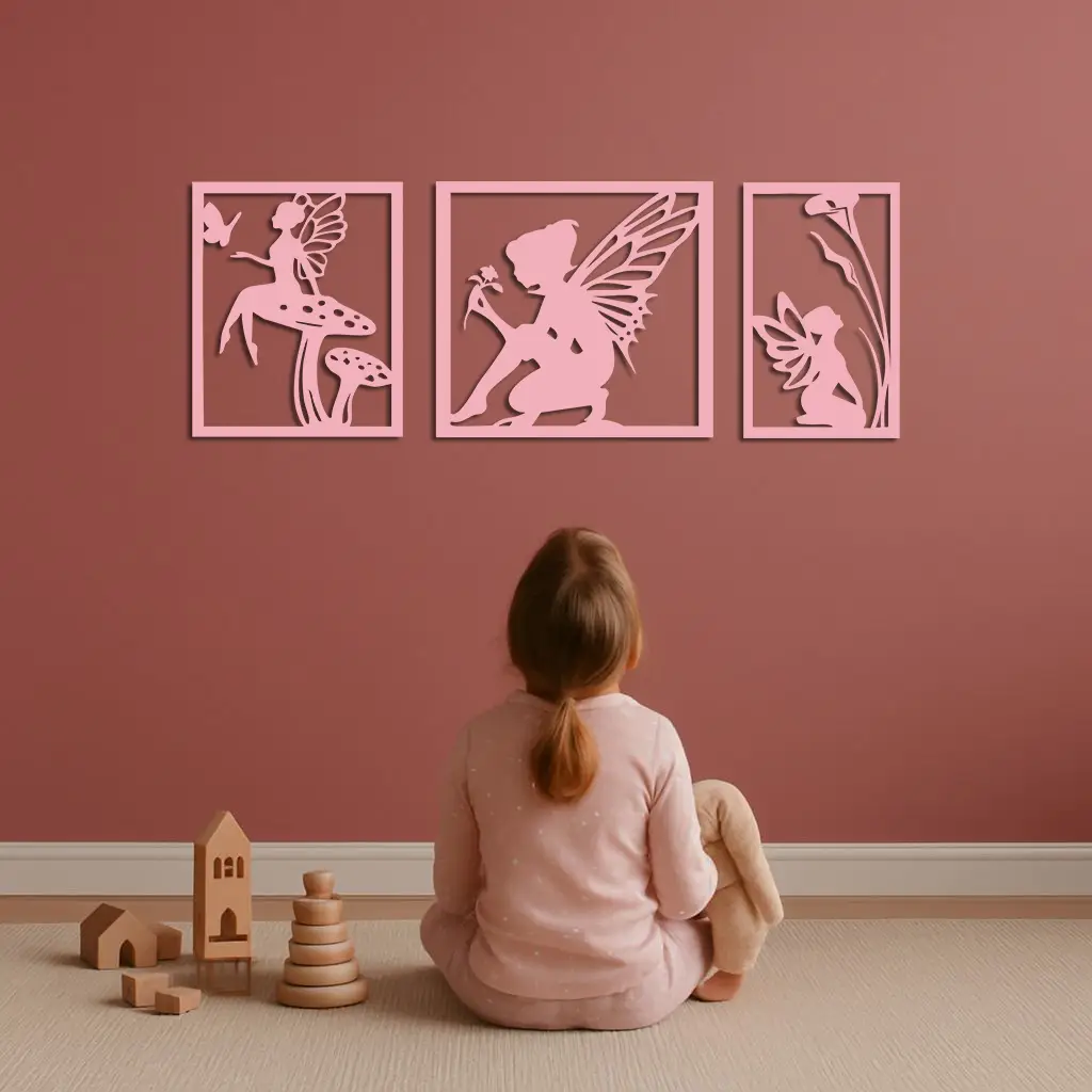 Pink Fairy Trio Metal Wall Art – Set of Three Fantasy Silhouette Panels - KAFGP156