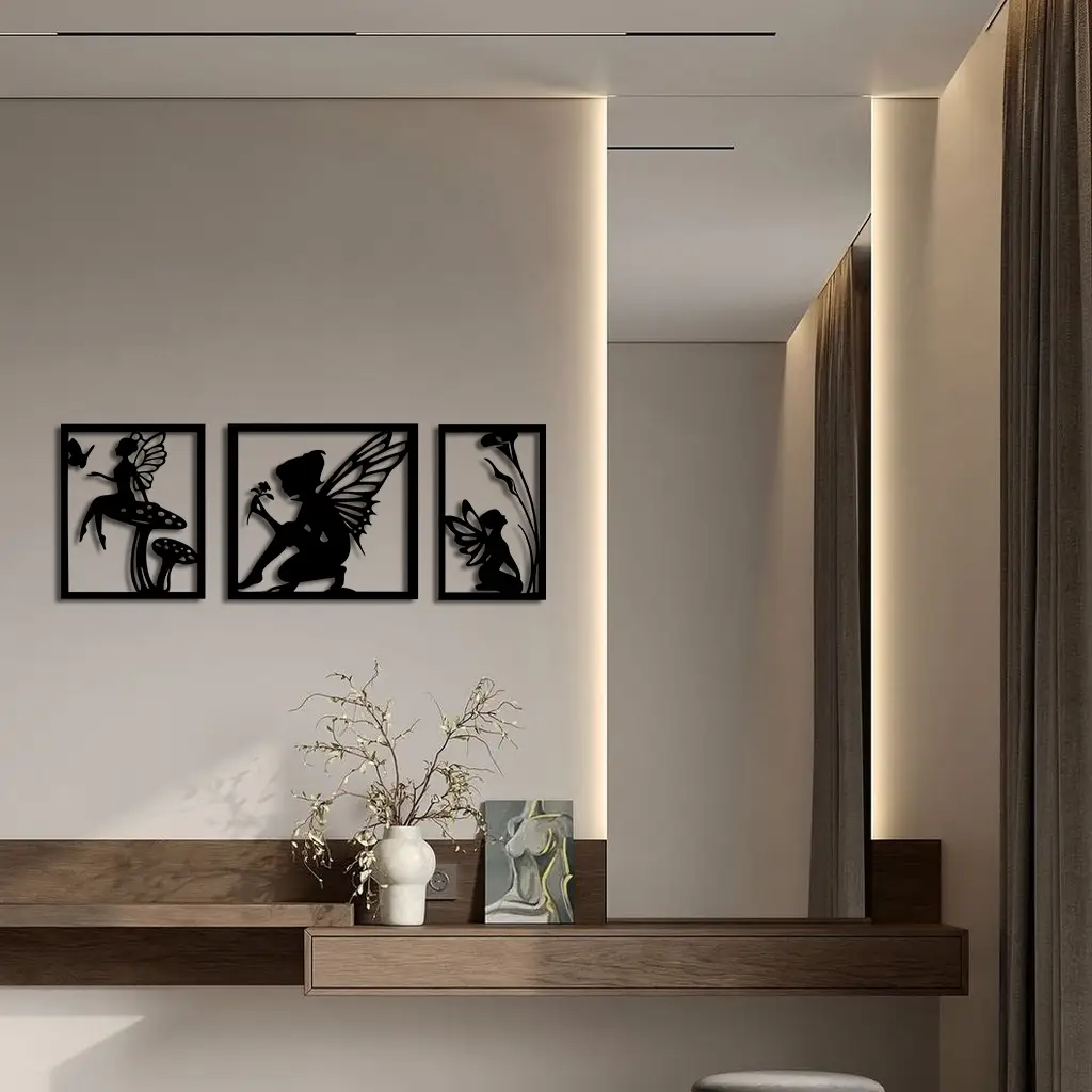 Pink Fairy Trio Metal Wall Art – Set of Three Fantasy Silhouette Panels - KAFGP156