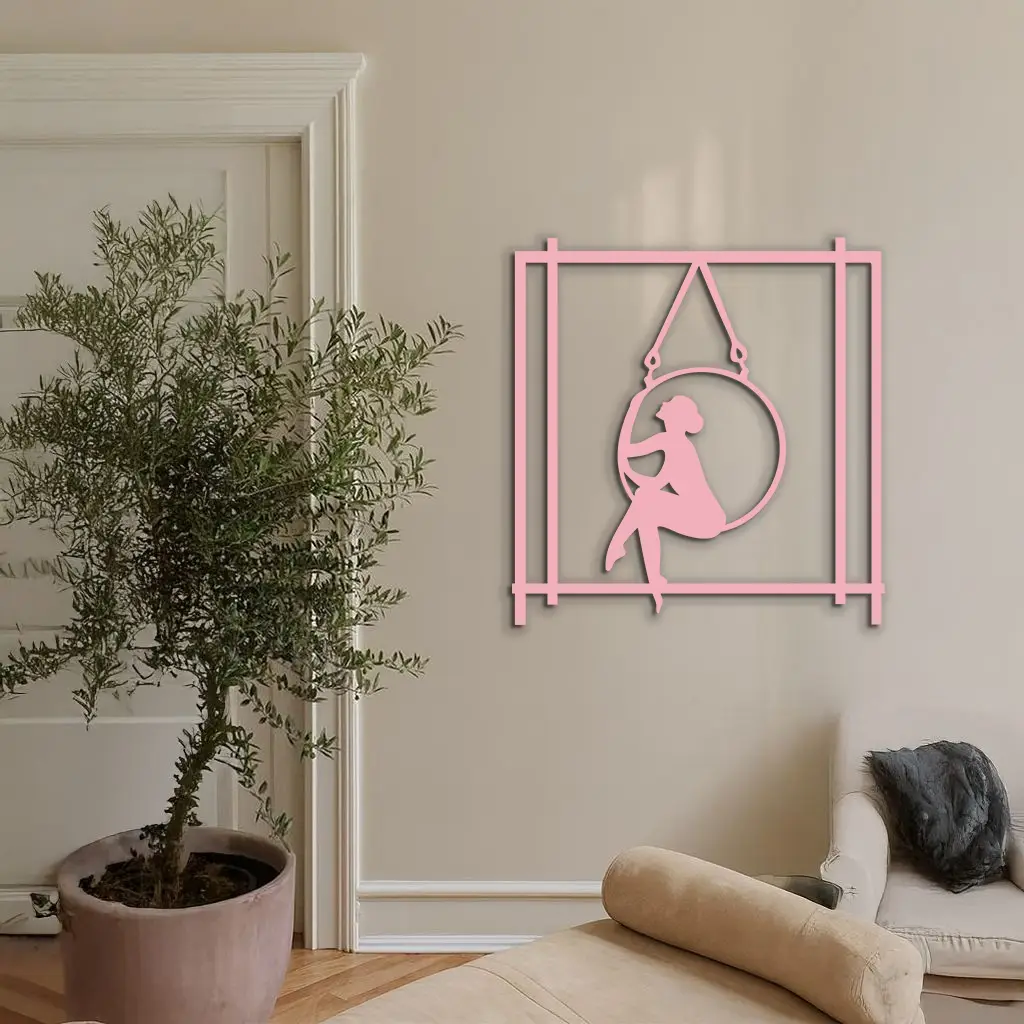 Woman on Hanging Ring Silhouette Modern Home Décor - Pink Metal Wall Art - KAFGP158
