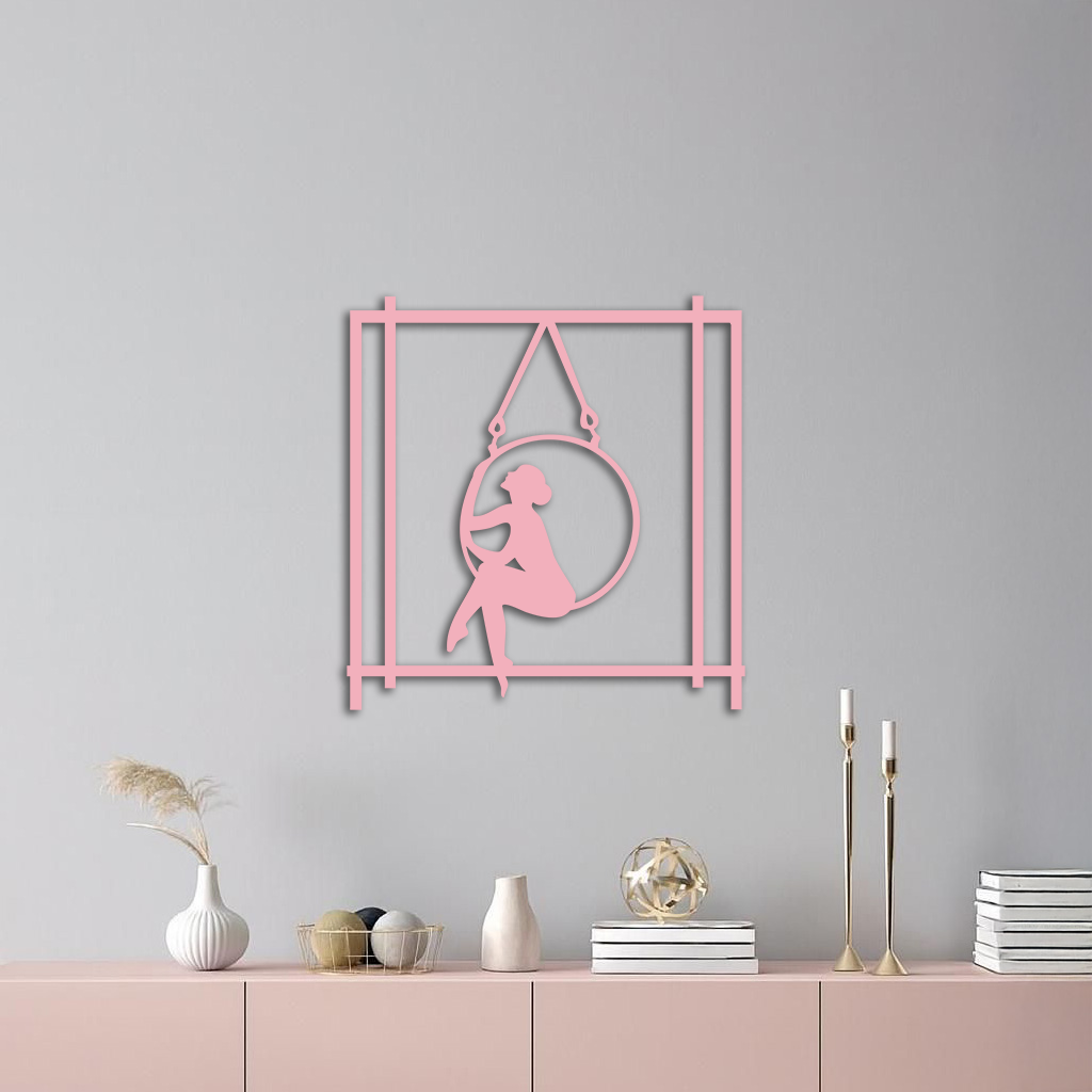 Woman on Hanging Ring Silhouette Modern Home Décor - Pink Metal Wall Art - KAFGP158