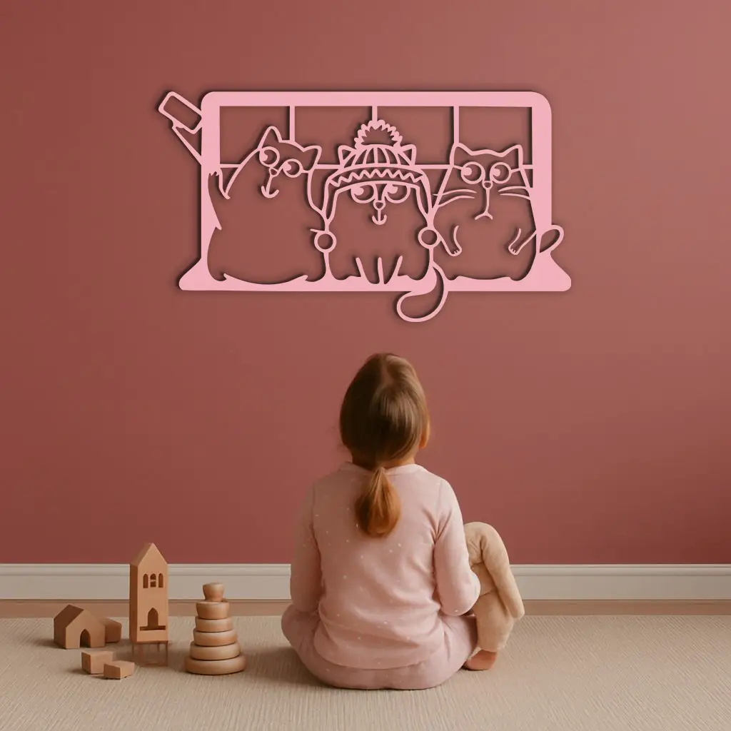 Funny Cats Taking Selfie Silhouette - Pink Metal Wall Art - KAFGP159