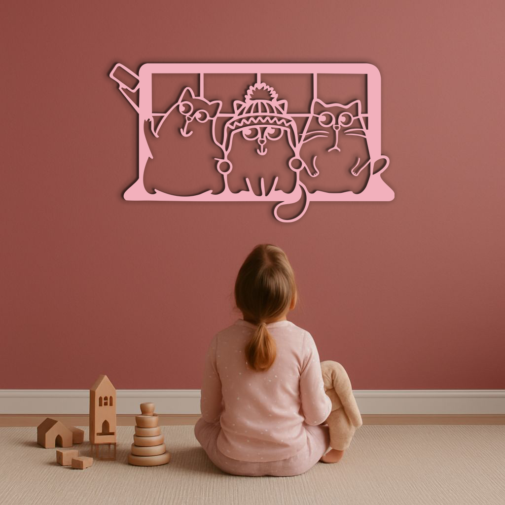 Funny Cats Taking Selfie Silhouette - Pink Metal Wall Art - KAFGP159