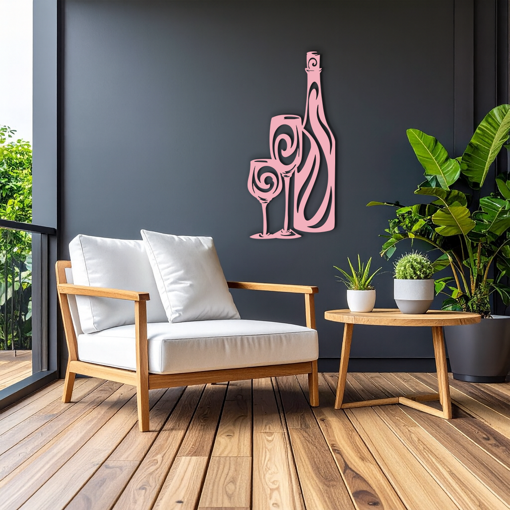 Wine Bottle and Glasses Silhouette Modern Kitchen Décor - Pink Metal Wall Art - KAFGP160