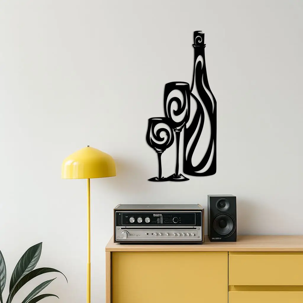 Wine Bottle and Glasses Silhouette Modern Kitchen Décor - Pink Metal Wall Art - KAFGP160