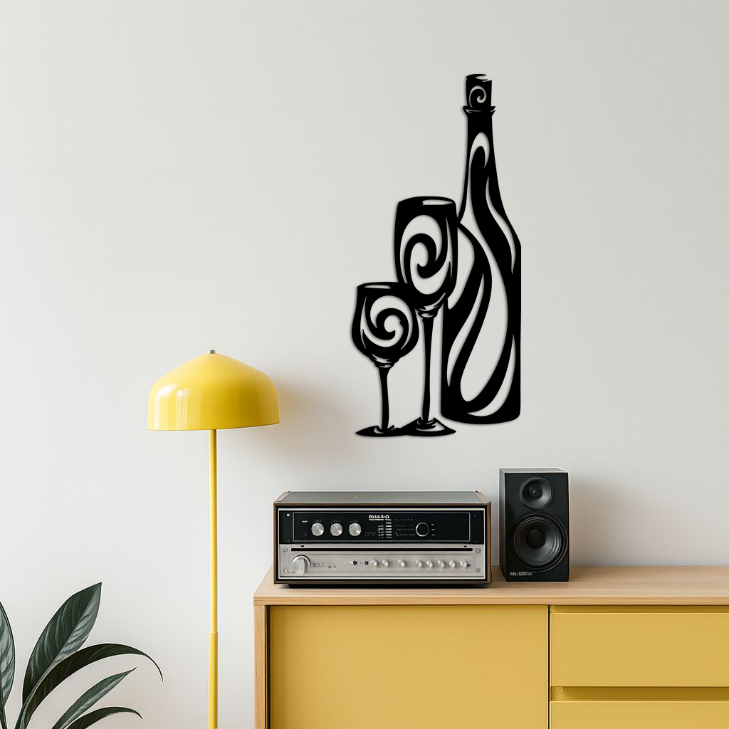 Wine Bottle and Glasses Silhouette Modern Kitchen Décor - Pink Metal Wall Art - KAFGP160