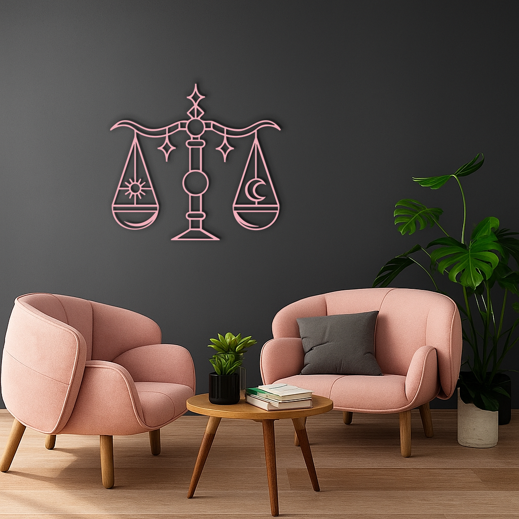 Libra Zodiac Sign Silhouette – Pink Metal Wall Art Balance Scale Design - KAFGP161