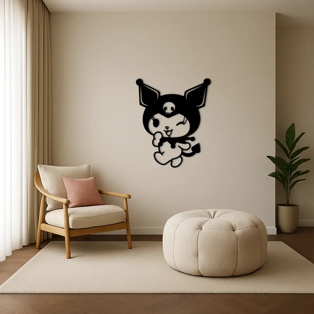 Cute Kuromi Winking Silhouette – Pink Metal Wall Art for Modern Décor - KAFGP172