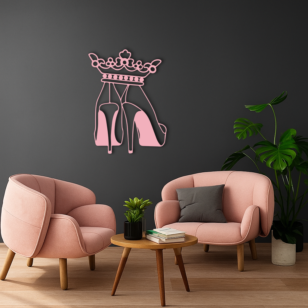 Crown High Heels Silhouette – Pink Metal Wall Art for Modern Glam Décor - KAFGP182