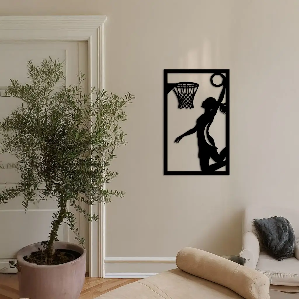 Basketball Girl Silhouette Metal Wall Art – Modern Pink Home Decor - KAFGP184