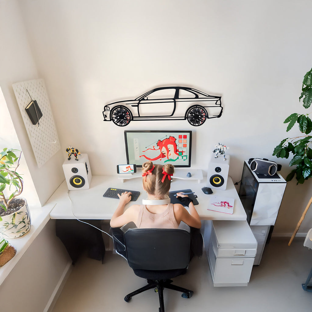 BMW E46 M3 Wall Art – Steel Silhouette with Spinning Wheels-KAFMEKA016