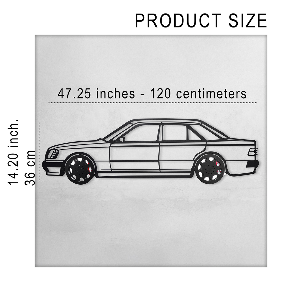 Mercedes W124 Wall Art – Classic Steel Silhouette with Spinning Wheels-KAFMEKA035