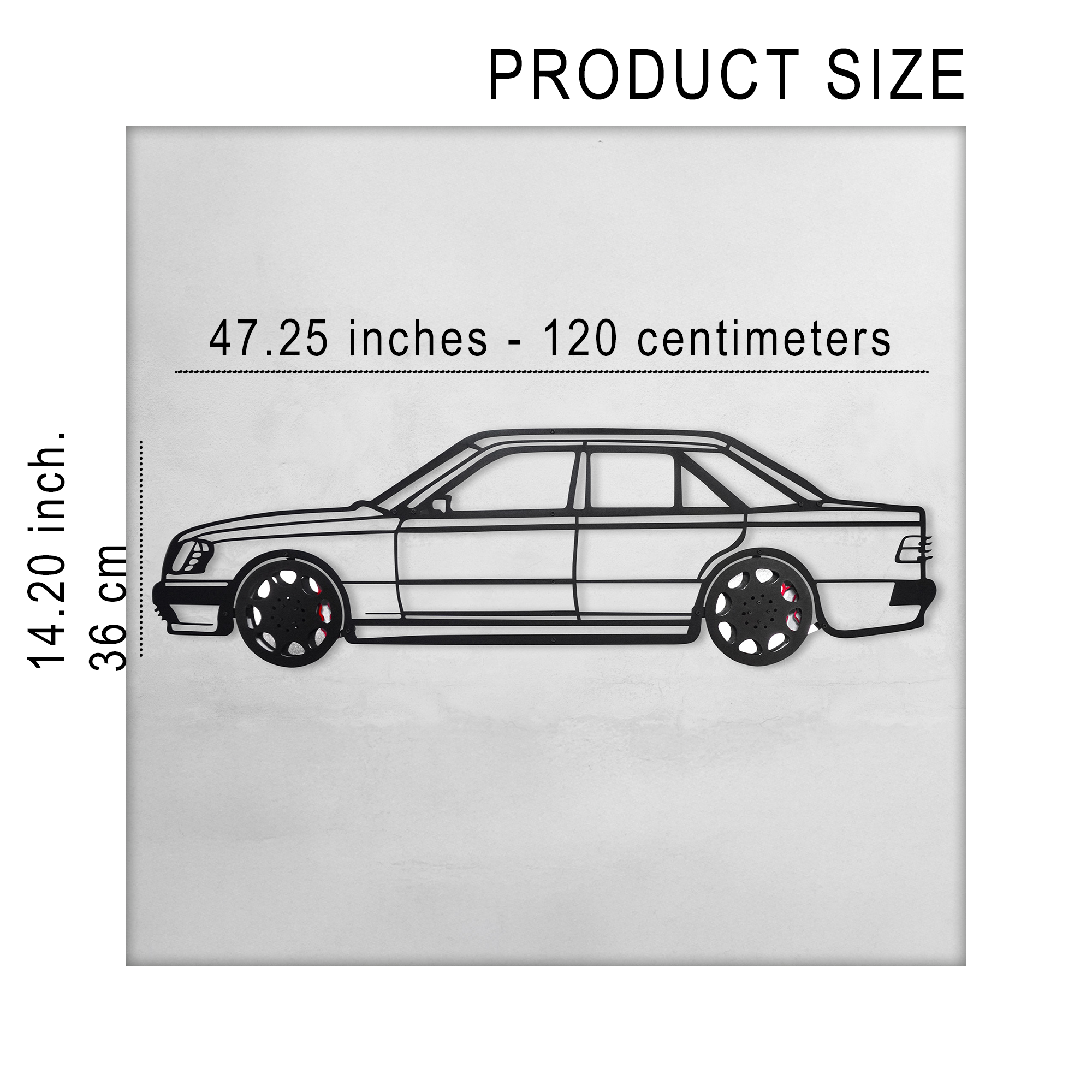 Mercedes W124 Wall Art – Classic Steel Silhouette with Spinning Wheels-KAFMEKA035