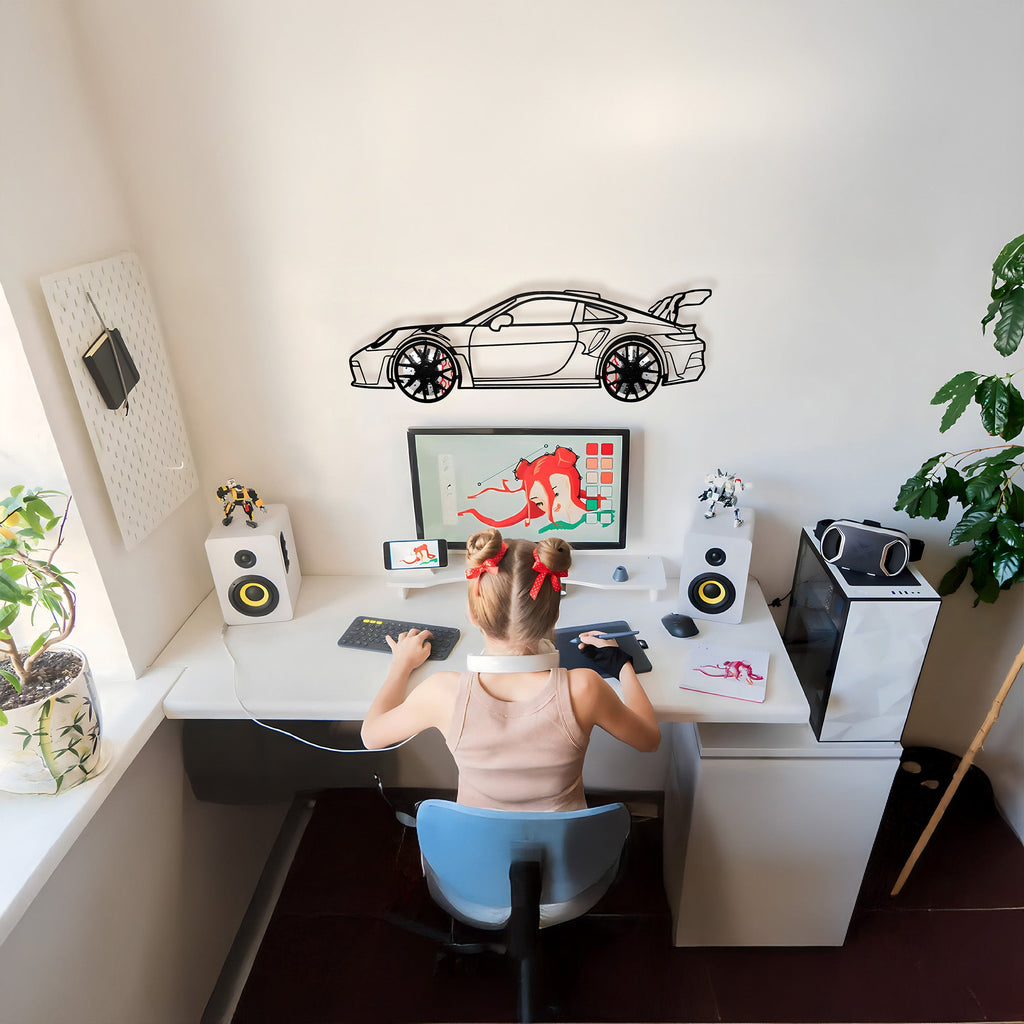 Porsche 911 GT Wall Art – Steel Silhouette with Spinning Wheels-KAFMEKA037
